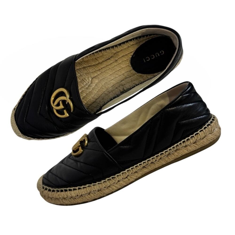 Gucci Marmont Black Leather Flat Espadrilles Gold GG Logo Size 38